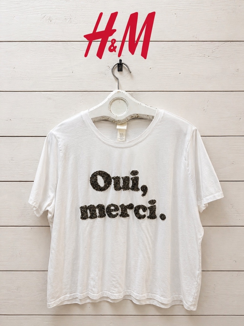 H&M White “Oui, merci.” Embellished Graphic T-Shirt XXL